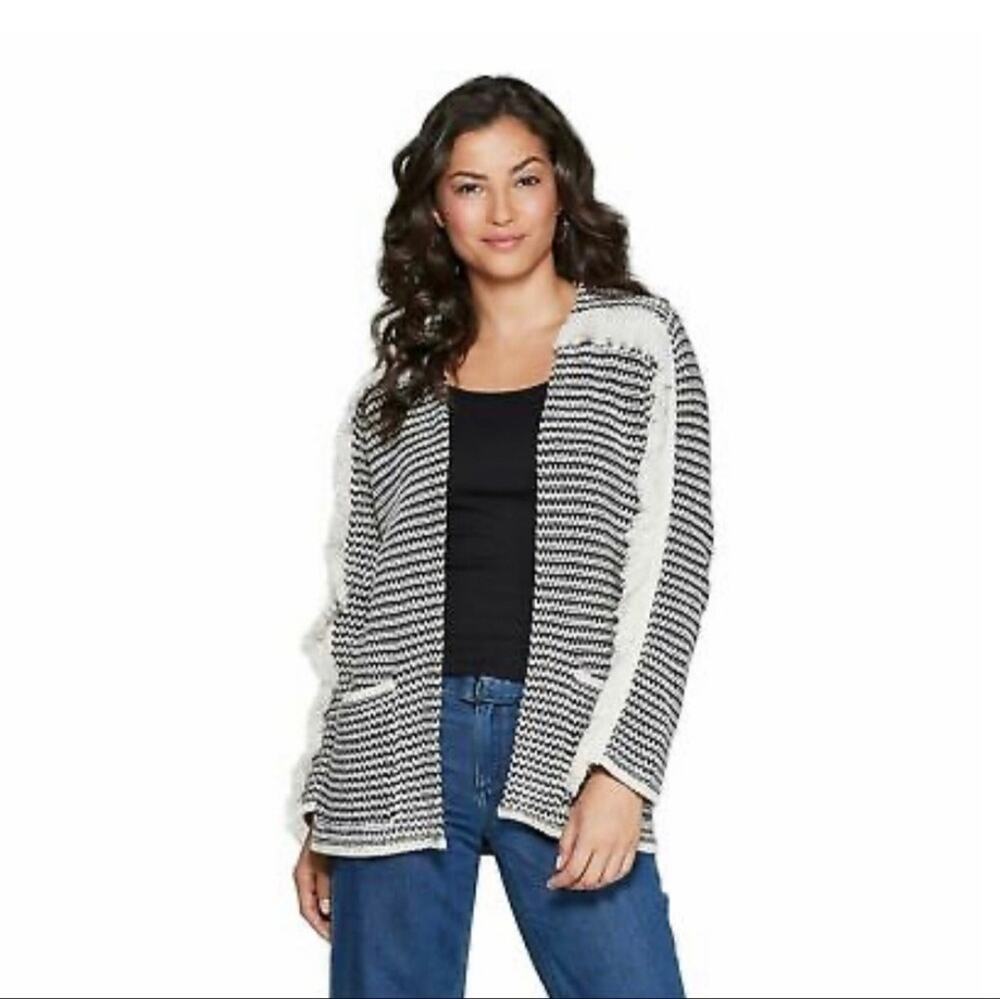 Knox Rose Black White Oversize Slouchy Knit Fringe Boho Cardigan Sweater sz L